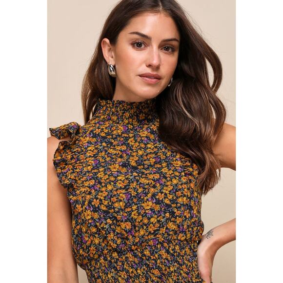 Lulus Evalina Mustard Yellow Floral Print Mock Neck Midi Dress Dark Academia - Picture 5 of 14